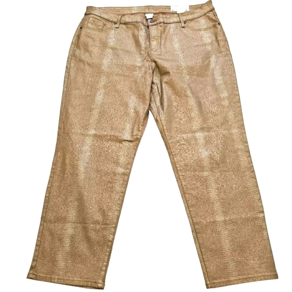 Chico's Pants - New Chico's Brown Gold Metallic Snake Croc Print Women's Pants Size 4R US 20Rq